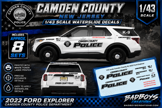 1/43 Scale Camden County, New Jersey Police 2022 Ford Explorer Waterslide Decals – Approx. 8 Sets Included