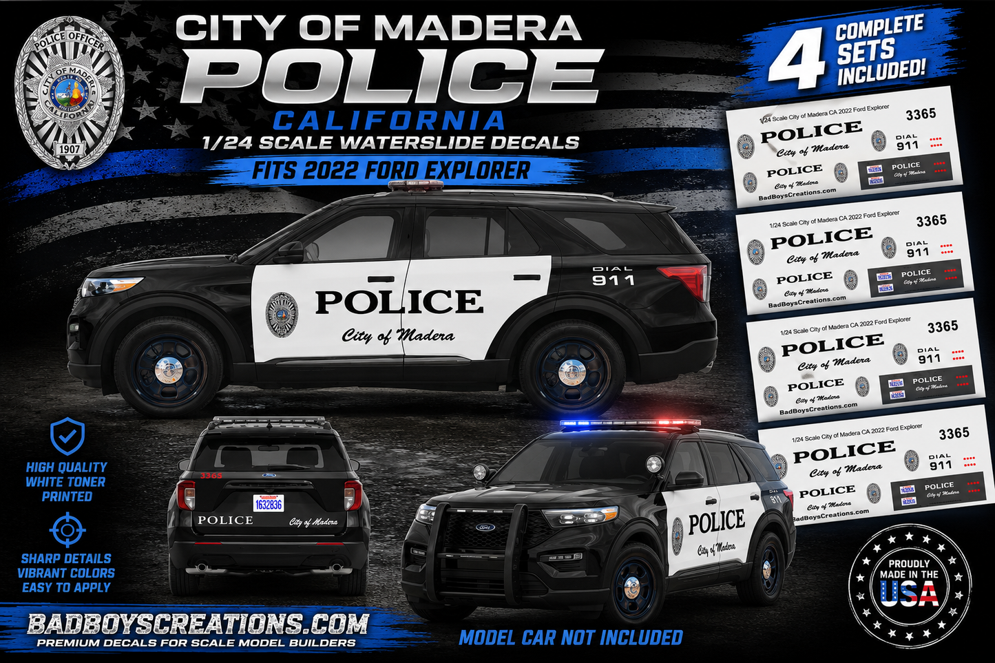 1/24 Scale City of Madera Police California Waterslide Decals for 2022 Ford Explorer – White Toner Printed – Approx. 4 Sets Included