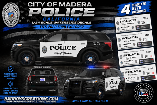 1/24 Scale City of Madera Police California Waterslide Decals for 2022 Ford Explorer – White Toner Printed – Approx. 4 Sets Included