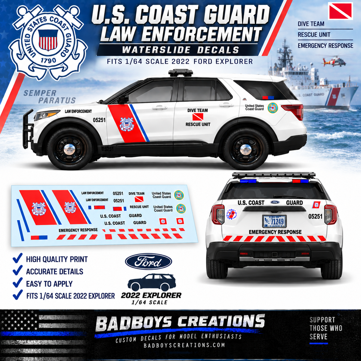 1/64 U.S. Coast Guard Law Enforcement Waterslide Decals – 2022 Ford Explorer
