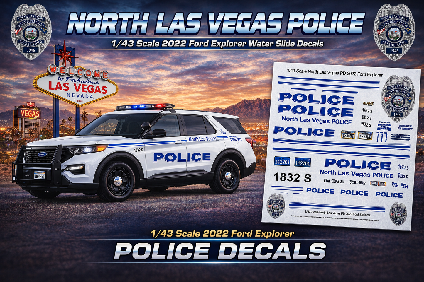 1/43 Scale North Las Vegas Police Department 2022 Ford Explorer Waterslide Decals