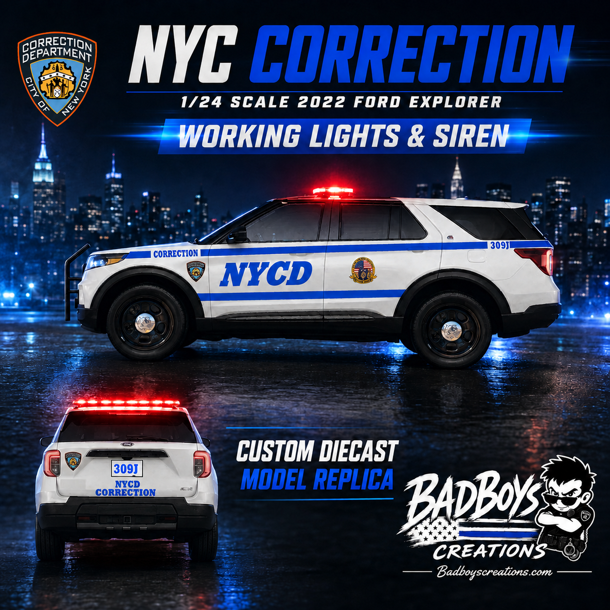 1/24 Scale NYC Department of Correction 2022 Ford Explorer Diecast Replica – Working Lights & Siren