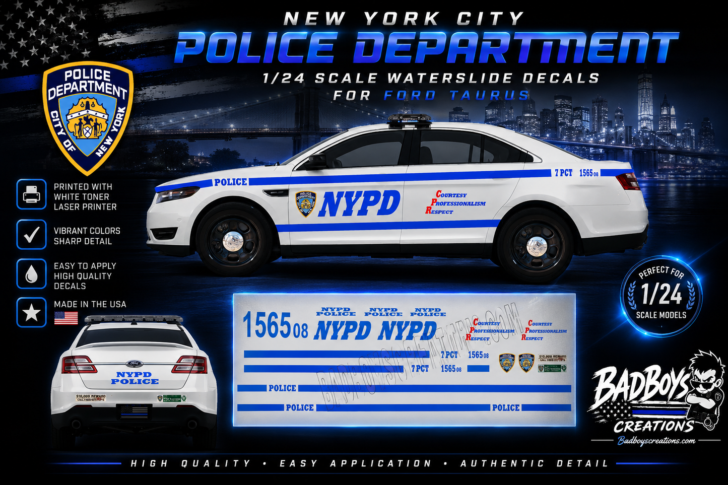 1/24 Scale NYPD Ford Taurus Waterslide Decals – New York City Police