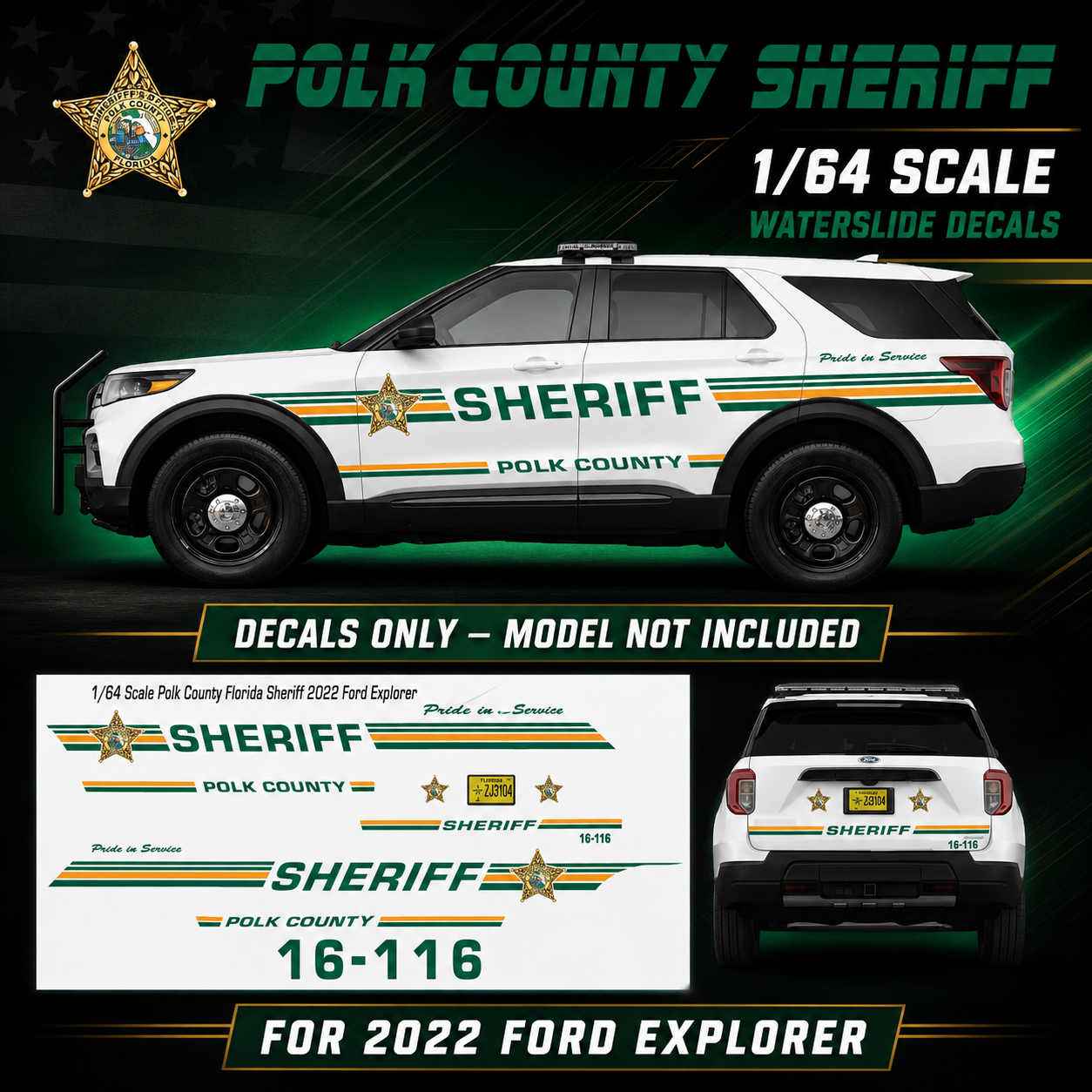 1/64 Scale Polk County Florida Sheriff Waterslide Decals for 2022 Ford Explorer