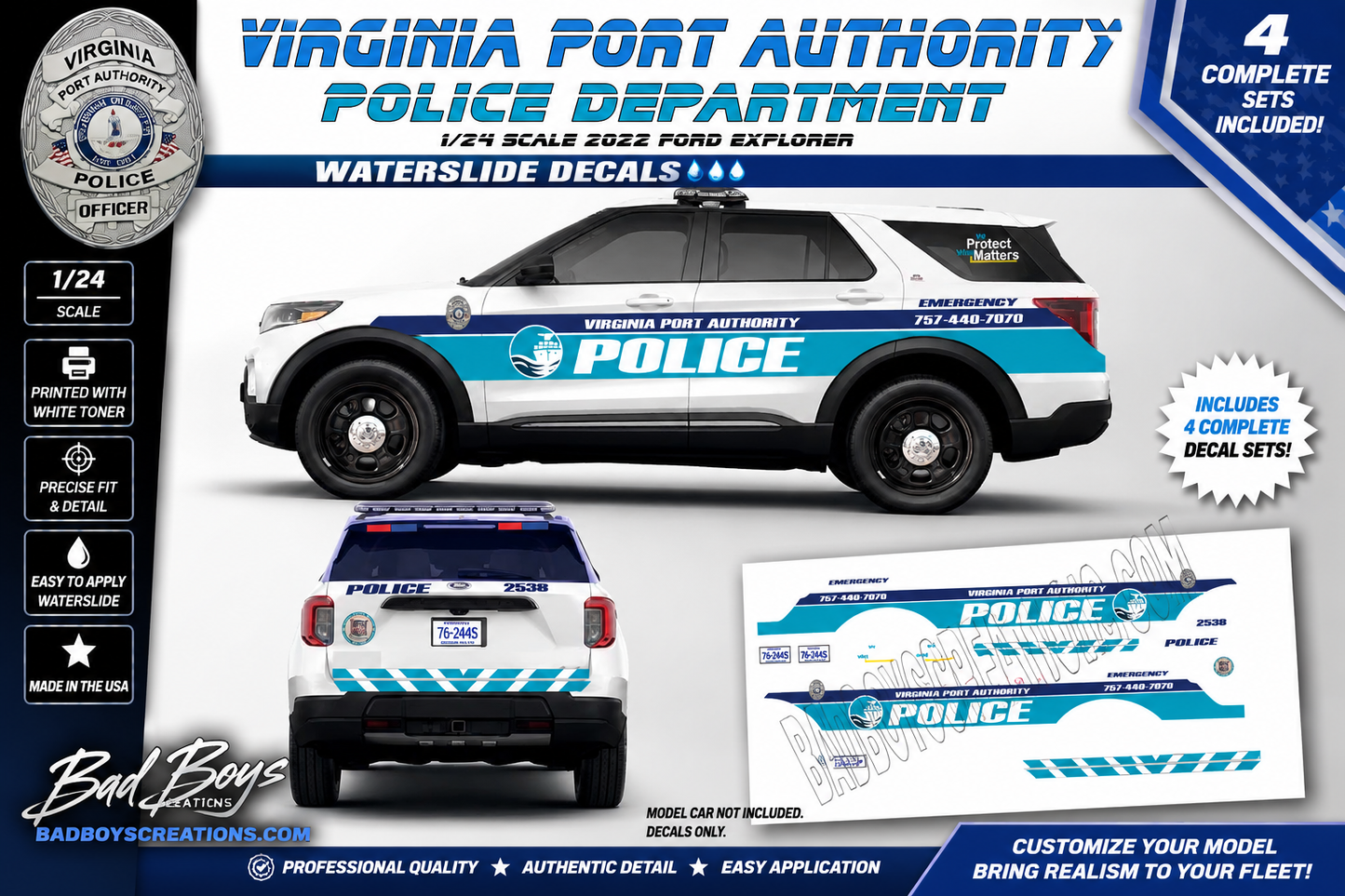 1/24 Scale Virginia Port Authority Police Waterslide Decals for 2022 Ford Explorer | Approx. 4 Complete Sets | White Toner Printed