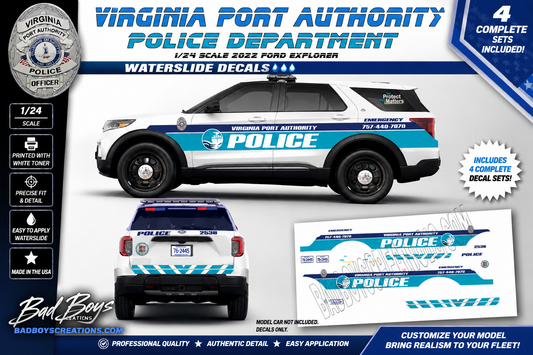 1/24 Scale Virginia Port Authority Police Waterslide Decals for 2022 Ford Explorer | Approx. 4 Complete Sets | White Toner Printed