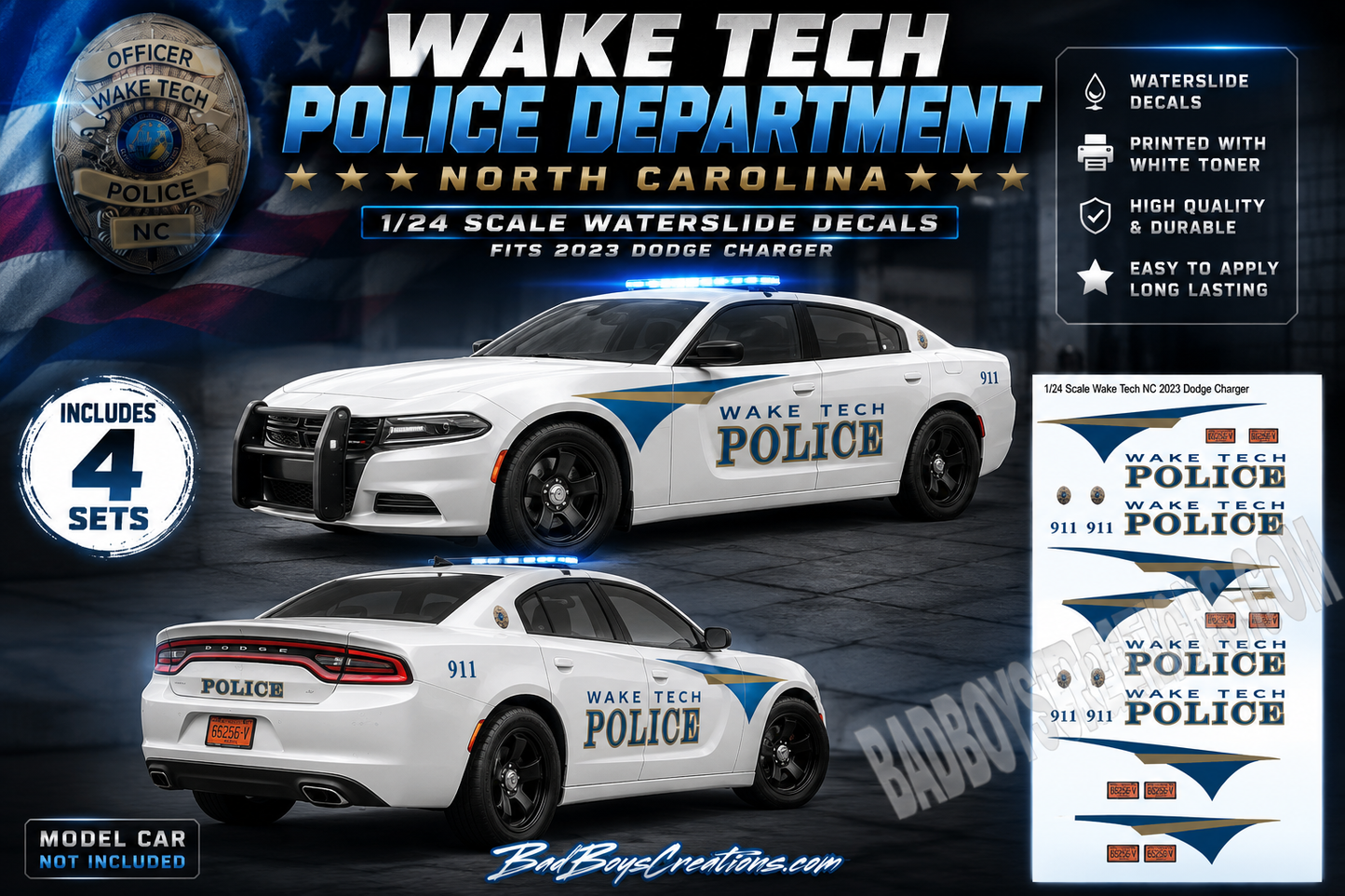 1/24 Scale Wake Tech North Carolina Police Waterslide Decals for 2023 Dodge Charger – Approx. 4 Sets Included